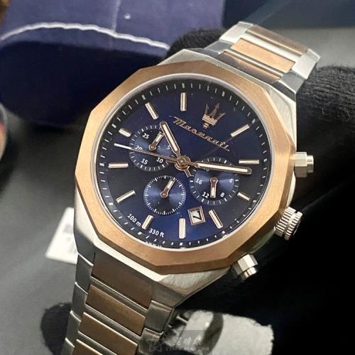 MASERATI手錶, 男錶 46mm 玫瑰金八角形精鋼錶殼 寶藍色三眼, 中三針顯示錶面款 R8873642002