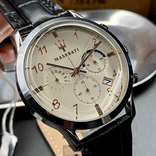 MASERATI手錶, 男女通用錶 42mm 銀圓形精鋼錶殼 米黃色三眼, 中三針顯示, 座標軸設計錶面款 R8871625006