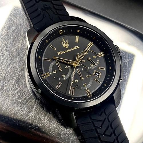 MASERATI手錶, 男錶 44mm 黑圓形精鋼錶殼 黑色三眼, 中三針顯示, 運動錶面款 R8871621011