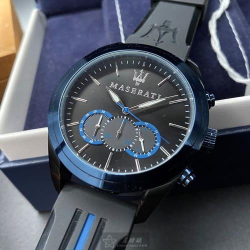MASERATI手錶, 男女通用錶 46mm 寶藍圓形精鋼錶殼 黑色三眼, 中三針顯示, 運動錶面款 R8871612006