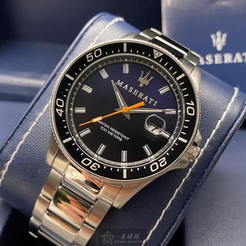 MASERATI 瑪莎拉蒂男錶 44mm 黑銀圓形精鋼錶殼 寶藍色簡約, 潛水錶, 水鬼, 可旋轉錶面款 R8853140001