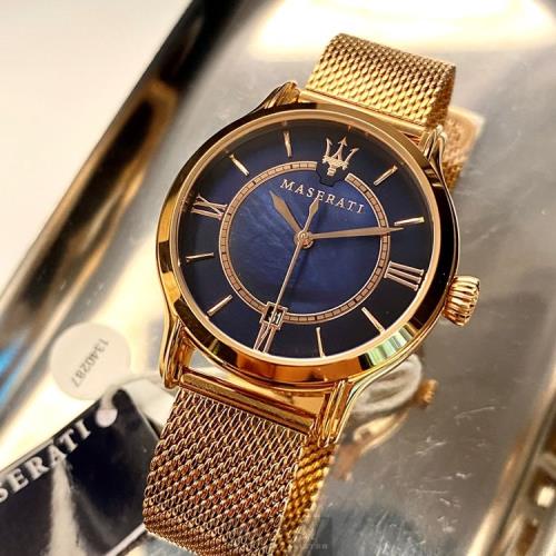 MASERATI手錶, 女錶 34mm 玫瑰金圓形精鋼錶殼 寶藍色羅馬數字, 貝母錶面款 R8853118503