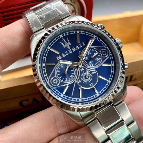 MASERATI手錶, 男錶 44mm 銀圓形精鋼錶殼 寶藍色三眼, 運動錶面款 R8853100009