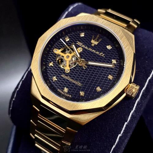 MASERATI手錶, 男錶 46mm 金色八角形精鋼錶殼 寶藍色鏤空, 中三針顯示錶面款 R8823140006