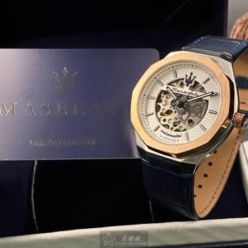 MASERATI 瑪莎拉蒂男女通用錶 42mm 金色12邊形精鋼錶殼 白色機械鏤空鏤空中三針顯示精密刻度錶面款 R8821142001