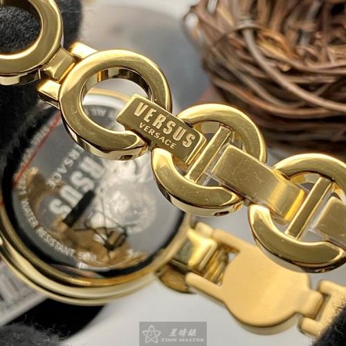 VERSUS VERSACE手錶, 女錶 34mm 金色圓形精鋼錶殼 紅色中二針顯示, 施華洛世奇鑽圈錶面款 VV00090