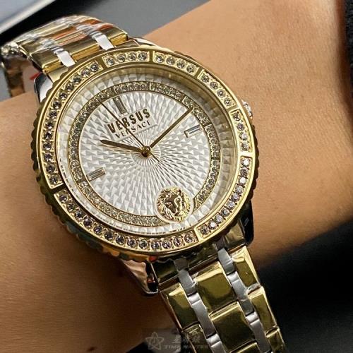 VERSUS VERSACE 凡賽斯男女通用錶 40mm 金色圓形精鋼錶殼 白色, 幾何立體圖形中三針顯示, 鑽圈幾何立體錶面款 VV00082