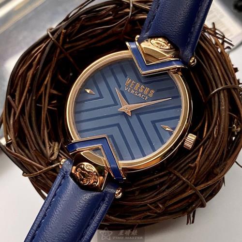 VERSUS VERSACE手錶, 女錶 34mm 玫瑰金圓形精鋼錶殼 寶藍色中二針顯示, 幾何立體錶面款 VV00080