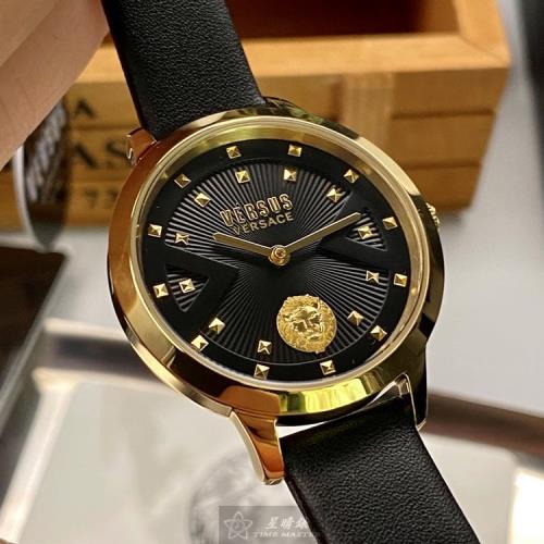 VERSUS VERSACE 凡賽斯女錶 34mm 金色圓形精鋼錶殼 黑色簡約中二針顯示, 幾何立體圖形錶面款 VV00062