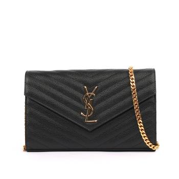 YSL V紋荔枝皮金色LOGO WOC 斜背包(黑色) 377828 BOW01 1000