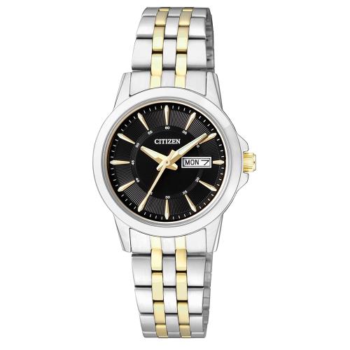 CITIZEN星辰  秀氣雙色調石英女錶/黑-EQ0608-55E