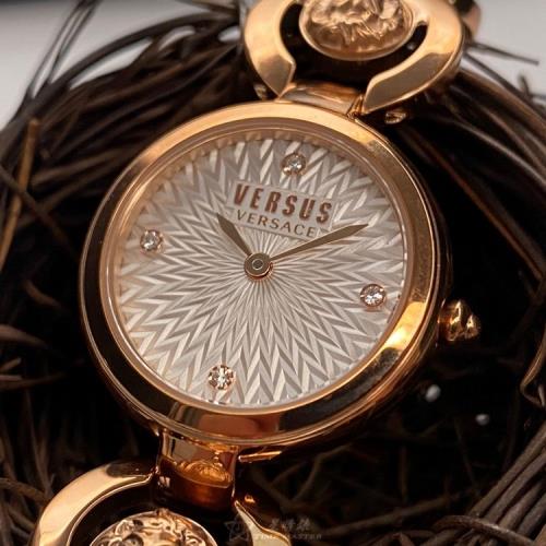 VERSUS VERSACE 凡賽斯女錶 28mm 玫瑰金圓形精鋼錶殼 白色中三針顯示, 立體花心錶面款 VV00359