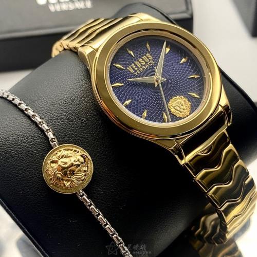 VERSUS VERSACE手錶, 女錶 34mm 金色圓形精鋼錶殼 寶藍色幾何立體圖形中三針顯示錶面款 VV00331