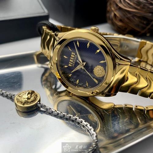 VERSUS VERSACE 凡賽斯女錶 34mm 金色圓形精鋼錶殼 寶藍色幾何立體圖形中三針顯示錶面款 VV00331