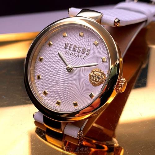 VERSUS VERSACE 凡賽斯女錶 36mm 金色圓形精鋼錶殼 白色中二針顯示, 幾何立體錶面款 VV00320