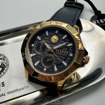 VERSUS VERSACE 凡賽斯男錶 48mm 金色六角形精鋼錶殼 寶藍色中三針顯示, 雙眼錶面款 VV00368