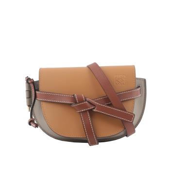 二手商品9.5成新 LOEWE Gate Mini 柔軟小牛皮拼色馬鞍斜揹包(琥珀色/淺灰/鏽色)