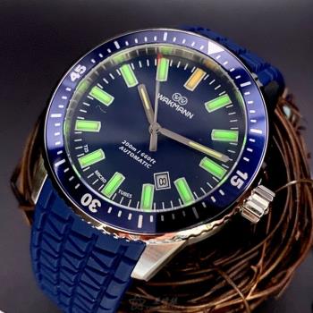 WAKMANN手錶, 男錶 44mm 寶藍圓形精鋼錶殼 寶藍色潛水錶, 中三針顯示, 水鬼錶面款 WA00030