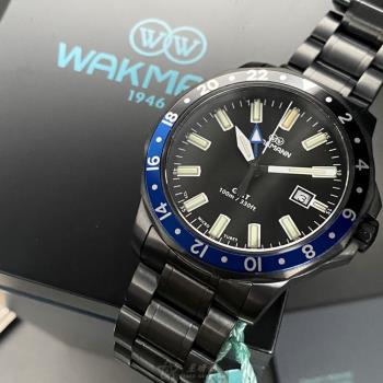 WAKMANN 威克曼男錶 44mm 黑圓形精鋼錶殼 黑色潛水錶, 中三針顯示錶面款 WA00028