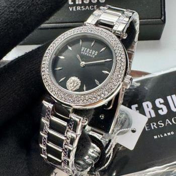VERSUS VERSACE 凡賽斯女錶 34mm 銀圓形精鋼錶殼 黑色簡約, 中二針顯示錶面款 VV00390