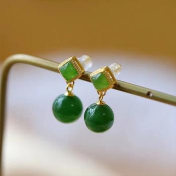 RJ New York 青玉圓珠幾何中國風復古耳環(綠色)