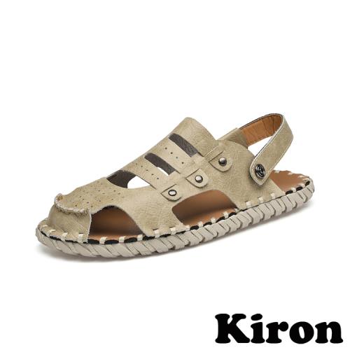 【KIRON】休閒沙灘涼鞋/個性縷空百搭休閒皮面沙灘涼鞋 男鞋 米