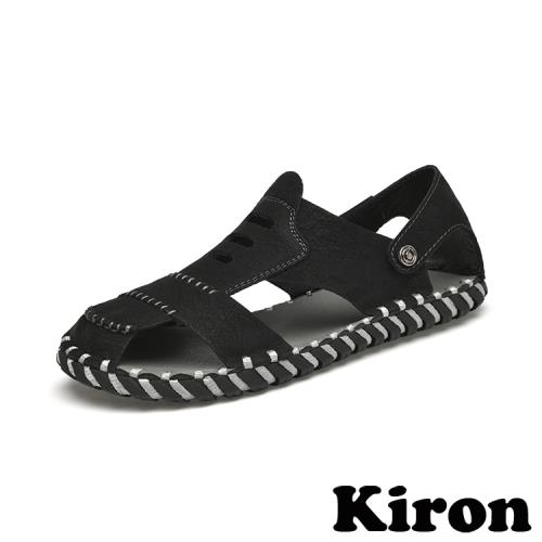 【KIRON】休閒沙灘涼鞋/百搭休閒個性皮面沙灘涼鞋 男鞋 黑