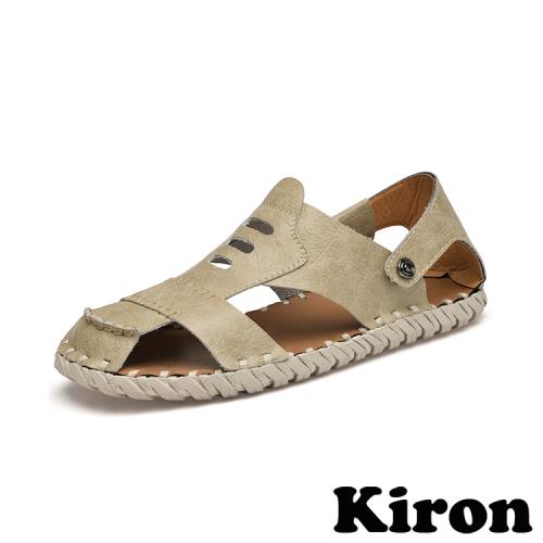 【KIRON】休閒沙灘涼鞋/百搭休閒個性皮面沙灘涼鞋 男鞋 米