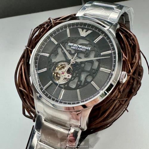 ARMANI 阿曼尼男錶 44mm 銀圓形精鋼錶殼 黑色鏤空, 中三針顯示錶面款 AR00054