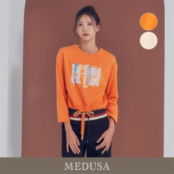 現貨【MEDUSA 曼度莎】燙金草寫抽繩短版Tee（M-XL）｜女上衣 休閒上衣 長袖上衣