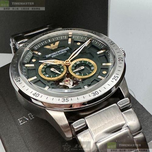 ARMANI手錶, 男錶 44mm 銀圓形精鋼錶殼 墨綠色機械鏤空中二針顯示, 雙眼, 運動錶面款 AR00057