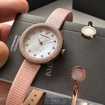ARMANI手錶, 女錶 30mm 玫瑰金圓形精鋼錶殼 貝母中二針顯示, 貝母, 鑽圈錶面款 AR00058
