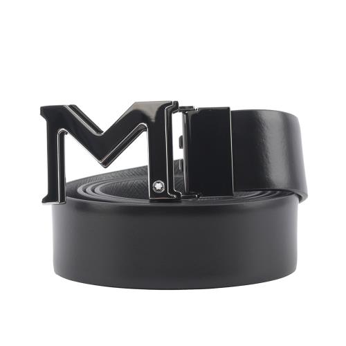 MONTBLANC 萬寶龍銀色M Logo 平滑及防刮牛皮雙面可用寬3.5cm皮帶(黑色/灰色) 131178