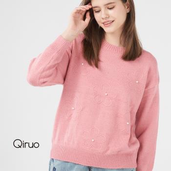 Qiruo 奇若名品 專櫃粉色小羊毛上衣 精品時尚保暖(造型花朵珍珠點綴共-三色-2002A-15)