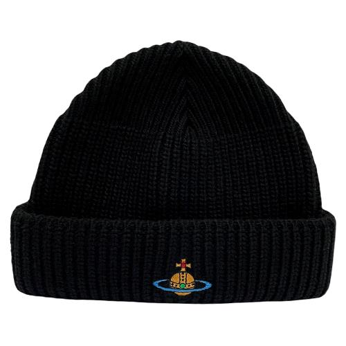 【Vivienne Westwood】刺繡LOGO 羊毛毛帽-黑色 (ONE SIZE) 8102000AK002 IN401OL