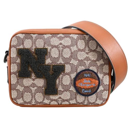 COACH CG495 Flight Bag 毛氈徽章緹花拼接斜背相機包.咖邊