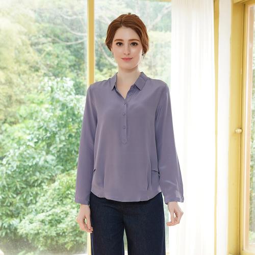 闕蘭絹素面藍色100%蠶絲雙縐襯衫- 6652