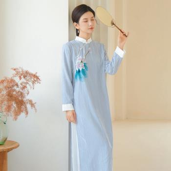 糖潮-玩美衣櫃天藍中式寬鬆改良旗袍長洋裝S-L