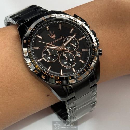 MASERATI手錶, 男錶 46mm 黑圓形精鋼錶殼 黑色三眼, 中三針顯示錶面款 R8873612048