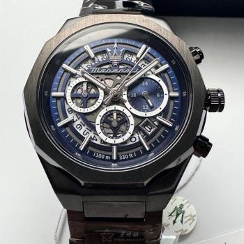 MASERATI 瑪莎拉蒂男錶 46mm 黑十邊形精鋼錶殼 寶藍機械鏤空三眼, 鏤空, 中三針顯示錶面款 R8873642012