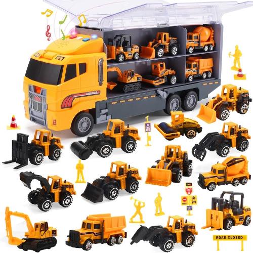 CUTE STONE 兒童工程小汽車與聲光運輸車海鷗號套裝玩具25件組