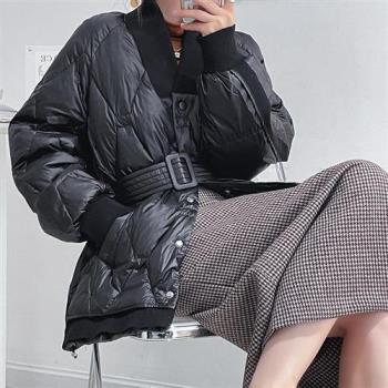 【米蘭精品】羽絨外套白鴨絨外套-氣質亮面收腰V領女外套5色74gz48
