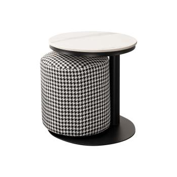 Boden-瑞雅1.3尺圓形岩板小茶几/邊几/邊桌-附千鳥格紋小椅凳