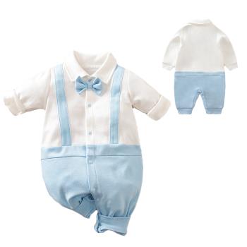 Colorland-男寶寶西裝 周歲禮服 紳士長袖包屁衣 連身衣 淺藍領結