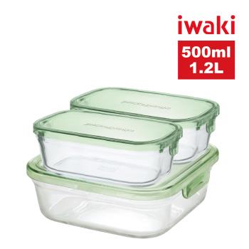 【日本iwaki】耐熱玻璃方形微波/焗烤保鮮盒三件組-顏色任選(原廠總代理)