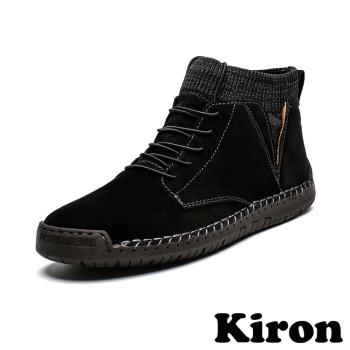 【KIRON】襪套拼接絨面繫帶短靴/個性襪套拼接手工縫線質感絨面繫帶短靴 休閒鞋 男鞋 黑