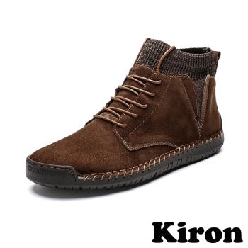 【KIRON】襪套拼接絨面繫帶短靴/個性襪套拼接手工縫線質感絨面繫帶短靴 休閒鞋 男鞋 棕