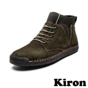 【KIRON】襪套拼接絨面繫帶短靴/個性襪套拼接手工縫線質感絨面繫帶短靴 休閒鞋 男鞋 綠