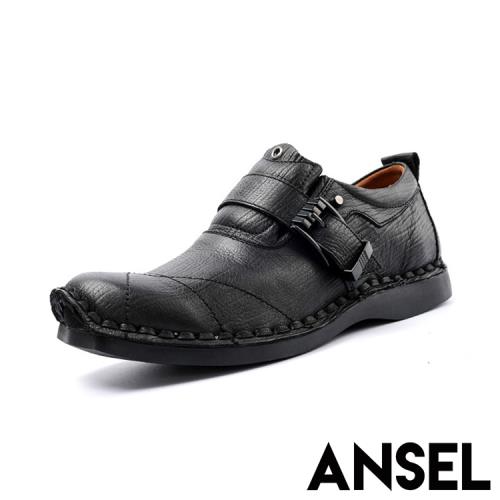 【ANSEL】真皮鉚釘休閒復古皮鞋/真皮頭層牛皮時尚鉚釘扣帶休閒復古皮鞋 男鞋 黑