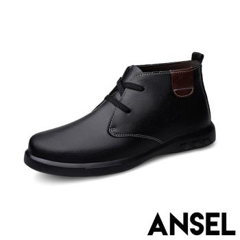 【ANSEL】真皮復古設計繫帶平底短靴/真皮頭層牛皮復古設計繫帶平底短靴 男鞋 黑